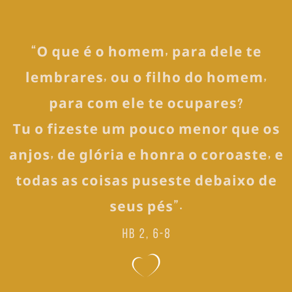 “O que é o homem, para dele te lembrares, ou o filho do homem, para com ele te ocupares? Tu o fizeste um pouco menor que os anjos, de glória e honra o coroaste, e todas as coisas puseste debaixo de seus pés”. Hb 2, 6-8