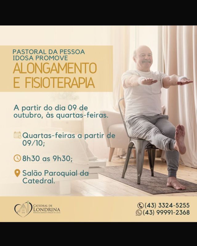 SAÚDE DA PESSOA IDOSA

A partir de 09 de outubro, todas às quartas-feiras, das 8h30 às 9h30, a Pastoral da Pessoa Idosa promove Alongamento e fisioterapia no salão paroquial da Catedral.

Venha participar da nossa aula de alongamento! É gratuito! Movimente-se, cuide da sua saúde e encontre os amigos! Todos juntos, de forma leve e divertida! 🧘‍♂️🌟 

#SaúdeNaTerceiraIdade #MovimentoEQualidadeDeVida #CatedralDeLondrina