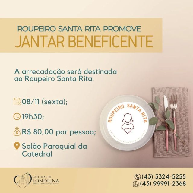 JANTAR BENEFICENTE

Convidamos você para o Jantar Beneficente do Roupeiro Santa Rita! 

No dia 08/11 (sexta-feira) a partir das 19h30 no salão paroquial da Catedral de Londrina, vamos juntos apoiar a confecção de enxovais de bebês de famílias em situação de vulnerabilidade social que o projeto atende. 

O convite individual pode ser adquirido por R$ 80,00 na secretaria da Catedral e nas portas laterais durante as celebrações do final de semana.

Sua presença faz a diferença! 🍽️💕 

#JantarBeneficente #Ajude-nosAAjudar #RoupeiroSantaRita