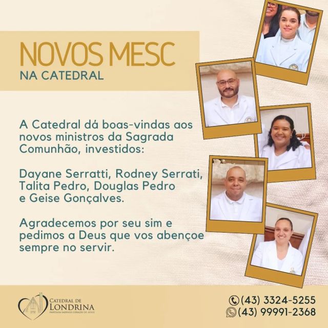 A Catedral dá boas-vindas aos novos ministros da Sagrada Comunhão, investidos: 

Dayane Serratti, Rodney Serrati, Talita Pedro, Douglas Pedro e Geise Gonçalves.

Agradecemos por seu sim e pedimos a Deus que vos abençoe sempre no servir.