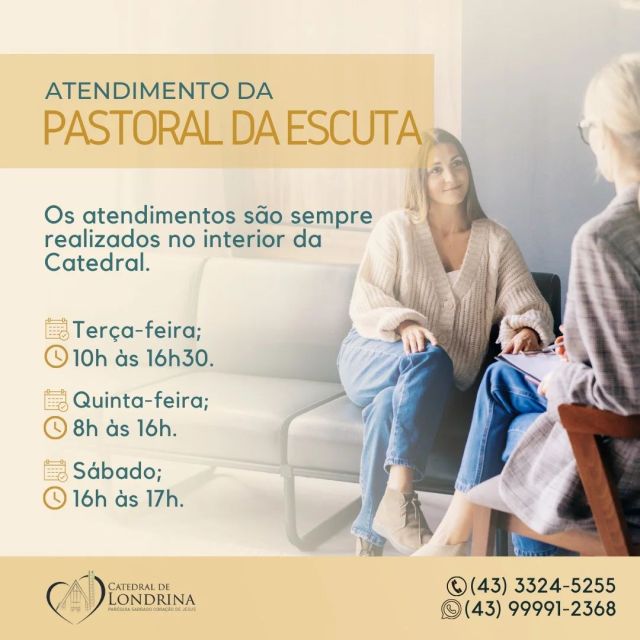 ATENDIMENTO PASTORAL ESCUTA

A Pastoral da Escuta atualizou seus horários de atendimento e convida a todos que se sentem convidados a vir a nosso encontro.

Os atendimentos acontecem sempre no Interior da Catedral nos seguintes dias e horários:

Terça-feira: 10h às 16h30;
Quinta-feira: 8h às 16h;
Sábado: 16h às 17h;