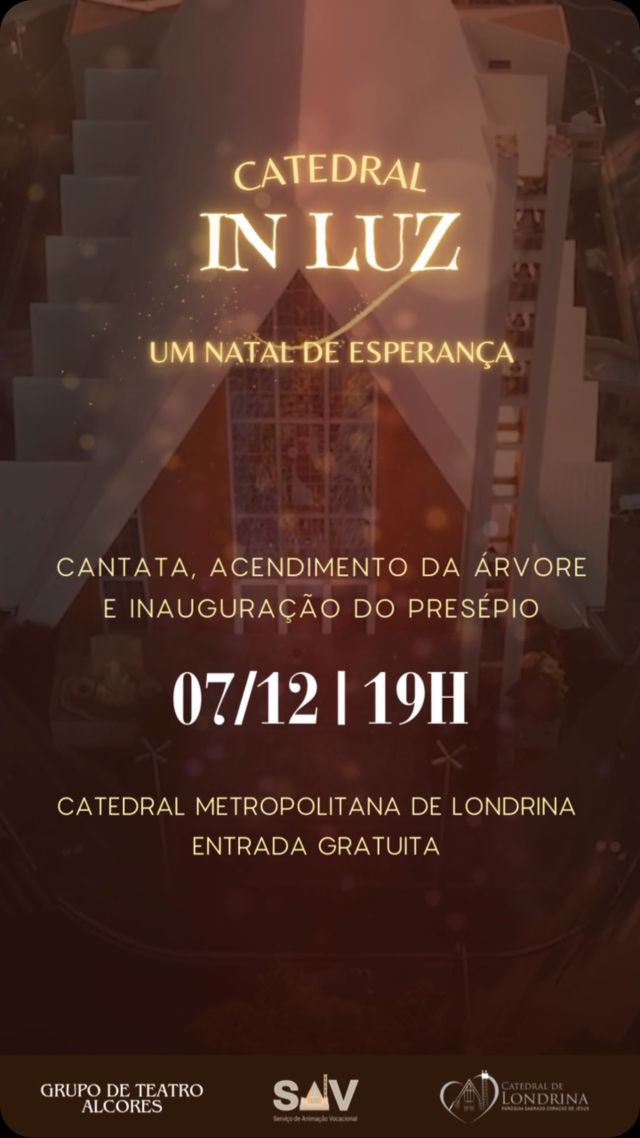 Venha viver o verdadeiro espírito do Natal!

A Catedral de Londrina convida você e sua família para uma noite especial repleta de fé, beleza e emoção:

Cantata de Natal, Acendimento da Árvore e Inauguração do Presépio

📍 Local: Catedral de Londrina
🕖 Horário: 19h
📅 Data: 07 de dezembro (sábado)

Sob a coordenação do padre Wendel Perre dos Santos, este evento promete aquecer os corações e nos preparar para celebrar o nascimento de Jesus Cristo.

Traga sua família e amigos para esta experiência única de união e espiritualidade!

Esperamos por você!

#alcores #sav #catedrallondrina